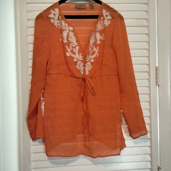 i e  Sheer 100% orange silk tunic size small - Picture 1 of 3